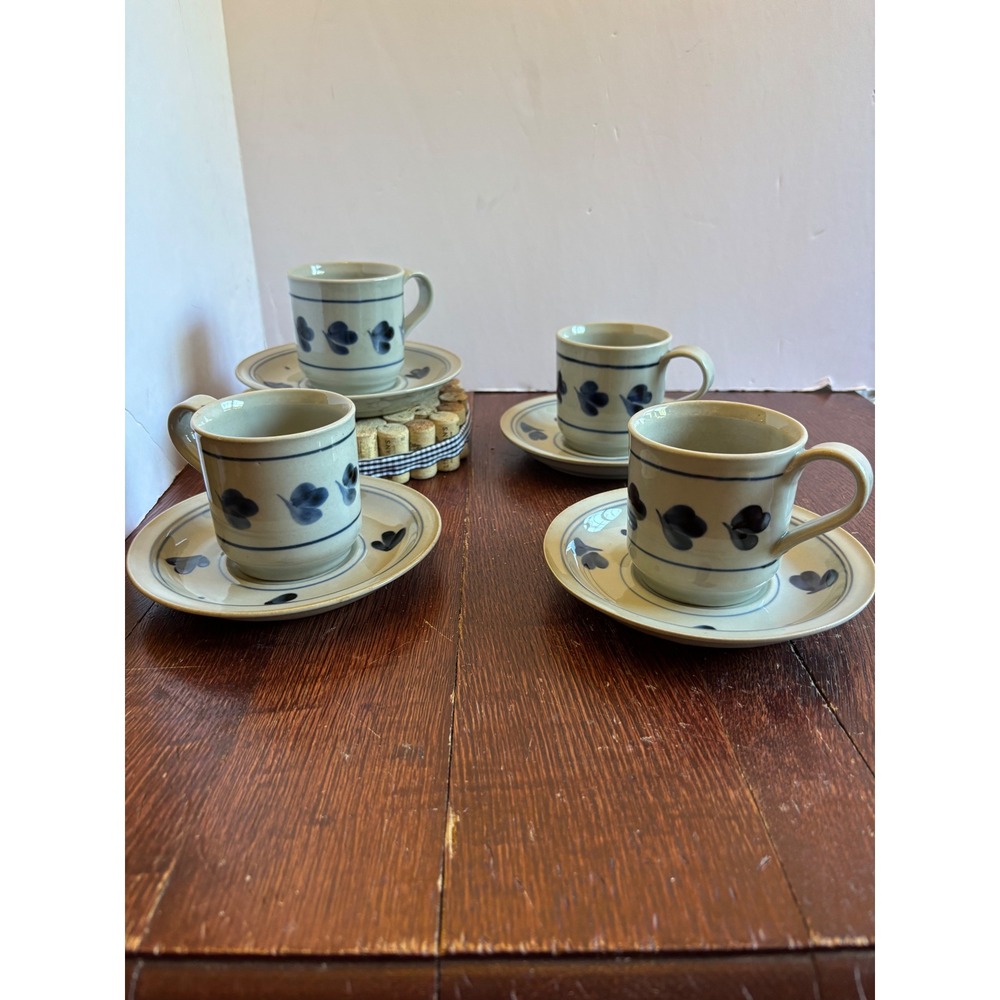 Iron Mountain Stoneware Marthas Flowers Cup and Saucer Set Blue Floral 8pc